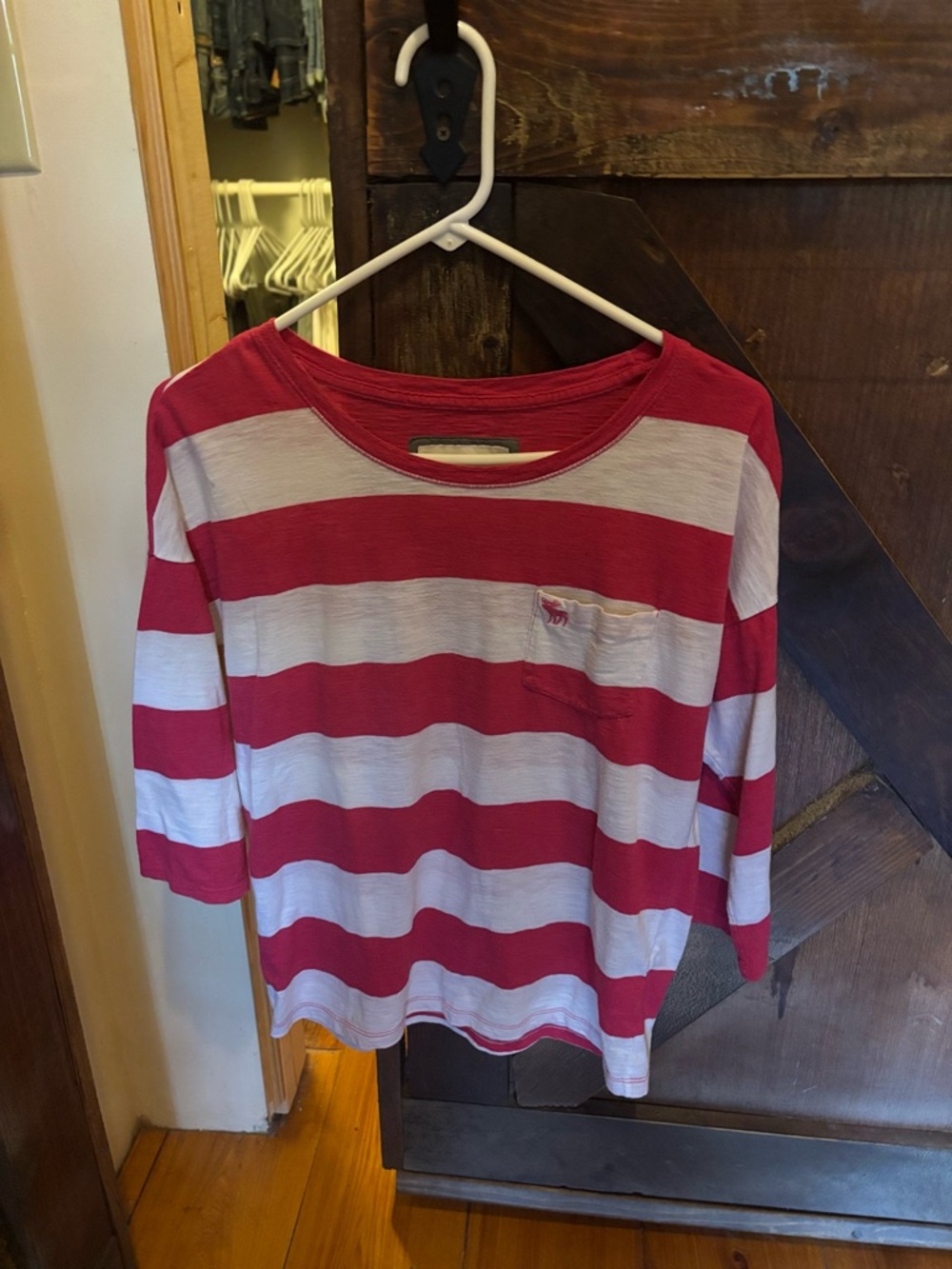 Abercrombie & Fitch Red and White Striped Long Sleeve Pocket Tee